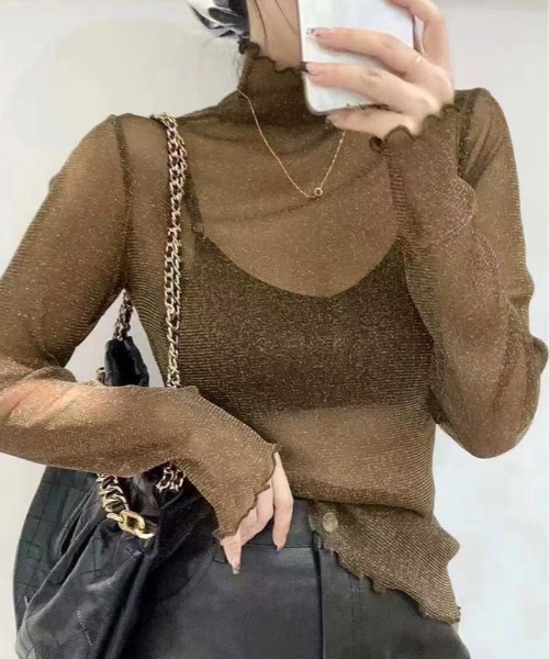 kirakiraShop（キラキラショップ）の「ラメのきらめきで魅せる、大人可愛いシースルートップス（Tシャツ/カットソー・レディース・ブラック/モカ/ブルー/ピンク/グレー/ブラウン/ベージュ/ホワイト・FREE）」の5枚目の写真