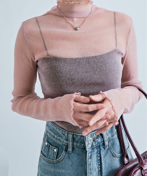 kirakiraShop（キラキラショップ）の「ラメのきらめきで魅せる、大人可愛いシースルートップス（Tシャツ/カットソー・レディース・ブラック/モカ/ブルー/ピンク/グレー/ブラウン/ベージュ/ホワイト・FREE）」の8枚目の写真