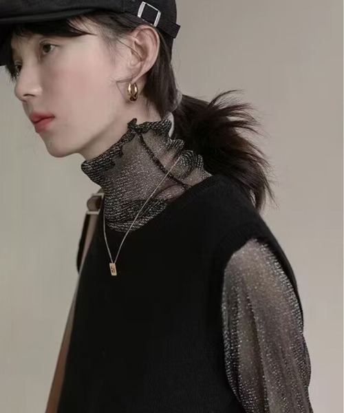 kirakiraShop（キラキラショップ）の「ラメのきらめきで魅せる、大人可愛いシースルートップス（Tシャツ/カットソー・レディース・ブラック/モカ/ブルー/ピンク/グレー/ブラウン/ベージュ/ホワイト・FREE）」の11枚目の写真