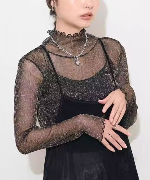 kirakiraShop（キラキラショップ）の「ラメのきらめきで魅せる、大人可愛いシースルートップス（Tシャツ/カットソー・レディース・ブラック/モカ/ブルー/ピンク/グレー/ブラウン/ベージュ/ホワイト・FREE）」の13枚目の写真