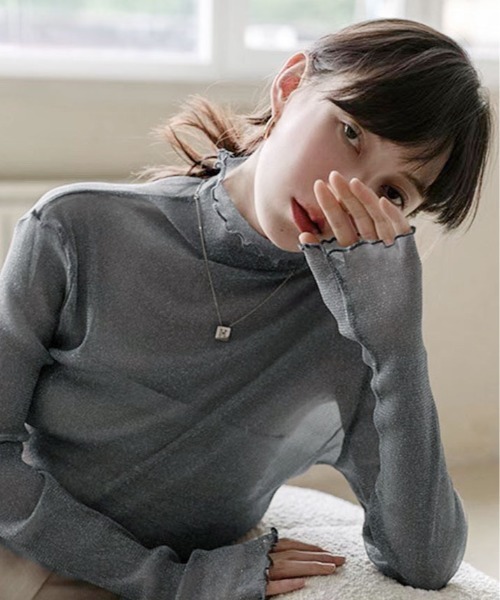 kirakiraShop（キラキラショップ）の「ラメのきらめきで魅せる、大人可愛いシースルートップス（Tシャツ/カットソー・レディース・ブラック/モカ/ブルー/ピンク/グレー/ブラウン/ベージュ/ホワイト・FREE）」の15枚目の写真