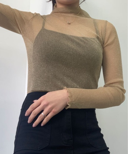 kirakiraShop（キラキラショップ）の「ラメのきらめきで魅せる、大人可愛いシースルートップス（Tシャツ/カットソー・レディース・ブラック/モカ/ブルー/ピンク/グレー/ブラウン/ベージュ/ホワイト・FREE）」の16枚目の写真