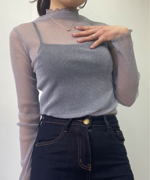 kirakiraShop（キラキラショップ）の「ラメのきらめきで魅せる、大人可愛いシースルートップス（Tシャツ/カットソー・レディース・ブラック/モカ/ブルー/ピンク/グレー/ブラウン/ベージュ/ホワイト・FREE）」の21枚目の写真