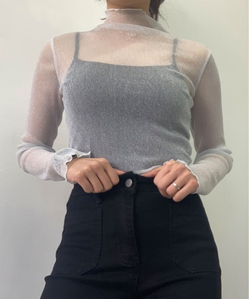 kirakiraShop（キラキラショップ）の「ラメのきらめきで魅せる、大人可愛いシースルートップス（Tシャツ/カットソー・レディース・ブラック/モカ/ブルー/ピンク/グレー/ブラウン/ベージュ/ホワイト・FREE）」の9枚目の写真