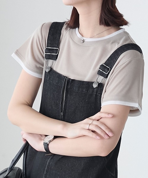 BONLECILL(ボンルシール)の「シアーテレコレイヤード風半袖TEE(Tシャツ/カットソー・レディース・ブラック/オフホワイト/ネイビー/オレンジ/ミント/ベージュ系・FREE)」の3枚目の写真