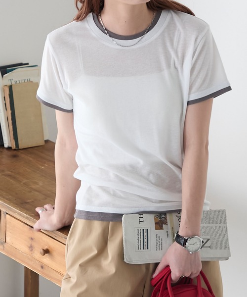 BONLECILL(ボンルシール)の「シアーテレコレイヤード風半袖TEE(Tシャツ/カットソー・レディース・ブラック/オフホワイト/ネイビー/オレンジ/ミント/ベージュ系・FREE)」の1枚目の写真