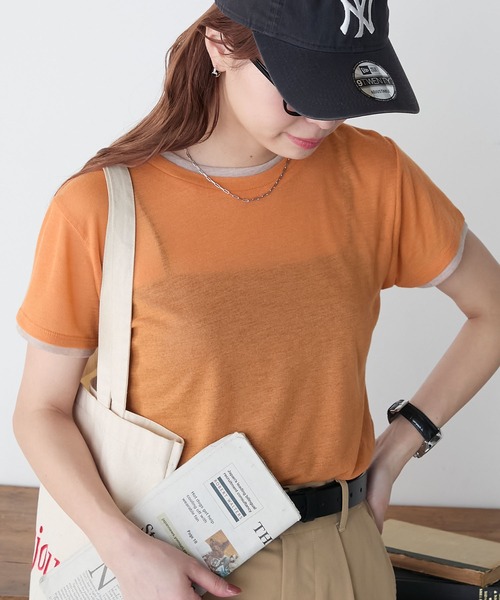 BONLECILL(ボンルシール)の「シアーテレコレイヤード風半袖TEE(Tシャツ/カットソー・レディース・ブラック/オフホワイト/ネイビー/オレンジ/ミント/ベージュ系・FREE)」の6枚目の写真