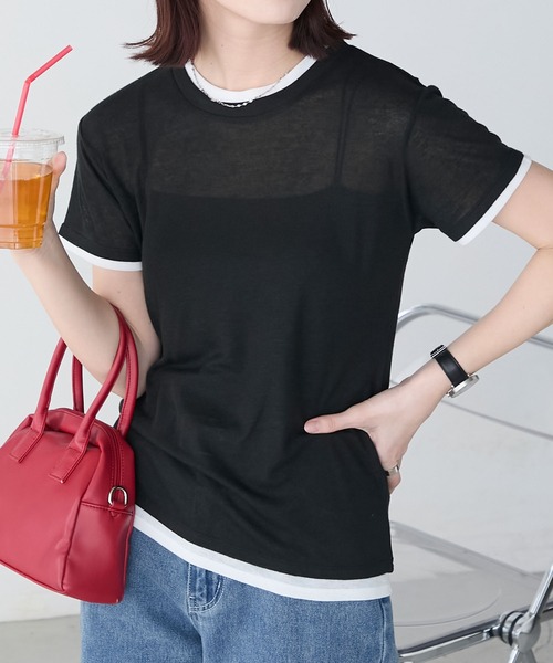BONLECILL(ボンルシール)の「シアーテレコレイヤード風半袖TEE(Tシャツ/カットソー・レディース・ブラック/オフホワイト/ネイビー/オレンジ/ミント/ベージュ系・FREE)」の2枚目の写真