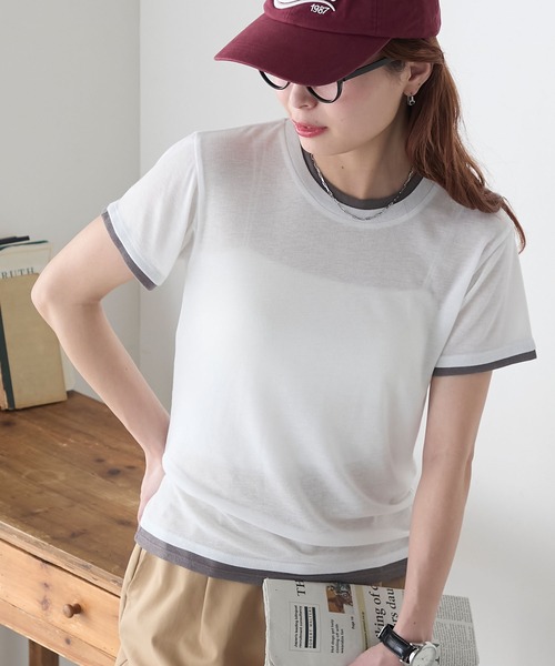 BONLECILL(ボンルシール)の「シアーテレコレイヤード風半袖TEE(Tシャツ/カットソー・レディース・ブラック/オフホワイト/ネイビー/オレンジ/ミント/ベージュ系・FREE)」の15枚目の写真