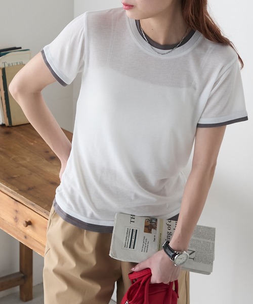 BONLECILL(ボンルシール)の「シアーテレコレイヤード風半袖TEE(Tシャツ/カットソー・レディース・ブラック/オフホワイト/ネイビー/オレンジ/ミント/ベージュ系・FREE)」の16枚目の写真