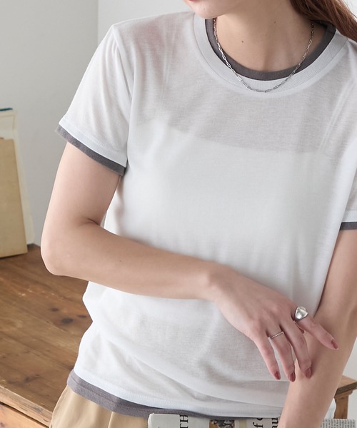 BONLECILL(ボンルシール)の「シアーテレコレイヤード風半袖TEE(Tシャツ/カットソー・レディース・ブラック/オフホワイト/ネイビー/オレンジ/ミント/ベージュ系・FREE)」の20枚目の写真