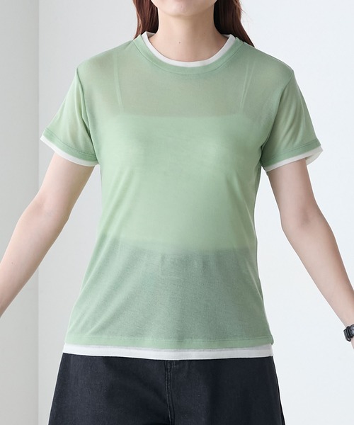 BONLECILL(ボンルシール)の「シアーテレコレイヤード風半袖TEE(Tシャツ/カットソー・レディース・ブラック/オフホワイト/ネイビー/オレンジ/ミント/ベージュ系・FREE)」の7枚目の写真