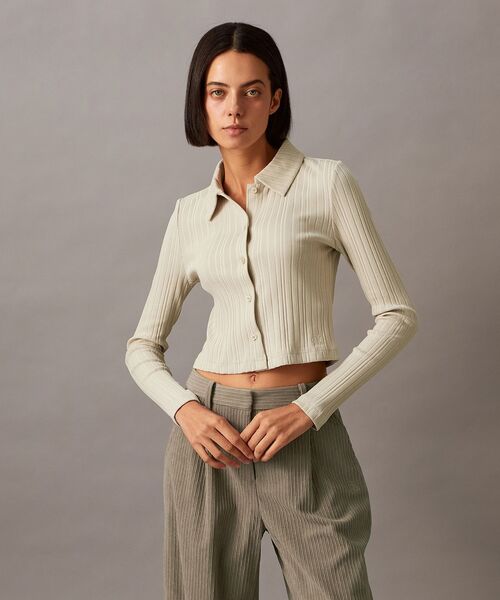 Calvin Klein(カルバン・クライン)の「ポロリブスリムトップ(Tシャツ/カットソー・レディース・ホワイト/ライトベージュ・M/XS/S/L)」の1枚目の写真