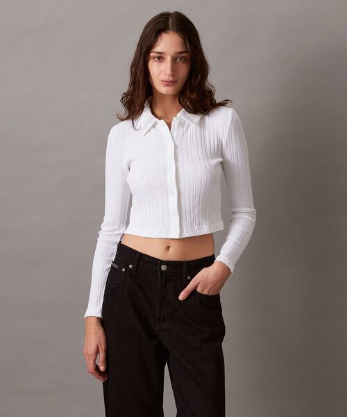 カルバン・クライン   Blouse レディース シャツ トップス White セール】ポロリブスリムトップ（Tシャツ/カットソー）｜Calvin