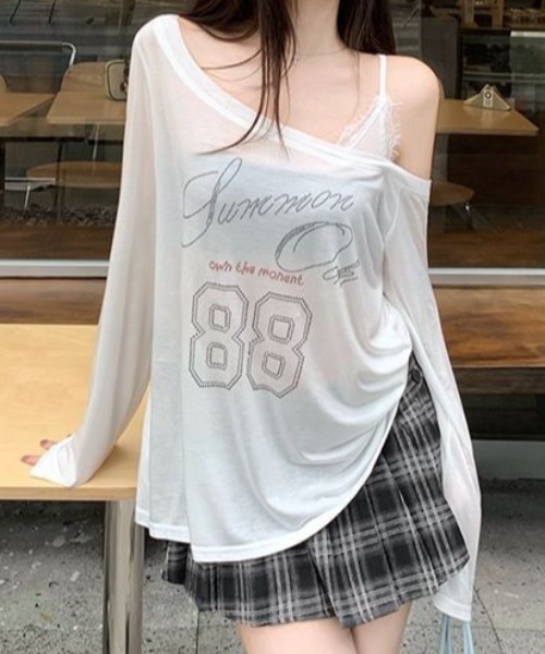 セール】ワンショル ラインストーンロゴ ナンバリングルーズロンT（T