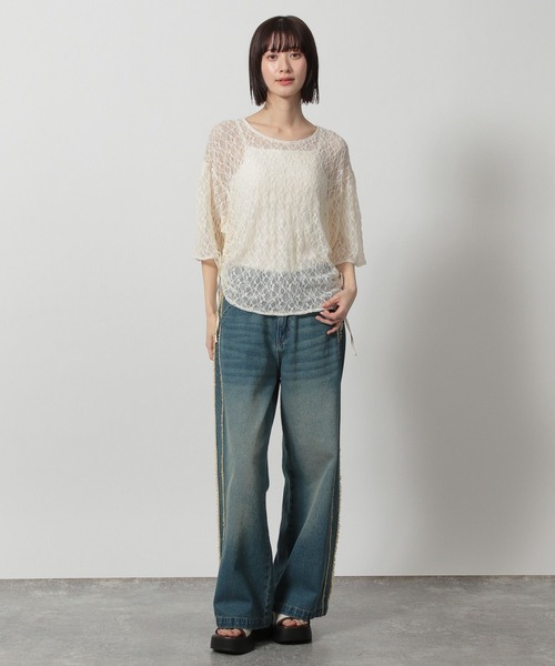 LAKOLE（ラコレ）の「レースシャーリングプルオーバー6分袖 / 327791（Tシャツ/カットソー・レディース・ブラック/グレー/アイボリー・FREE）」の4枚目の写真