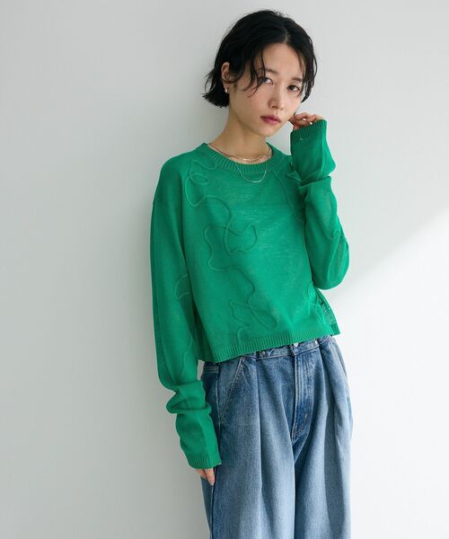 Green Parks(グリーンパークス)の「・ANDSEARCH コード刺繍シアーニット(ニット/セーター・レディース・ブラック/オフホワイト/グリーン・FREE)」の7枚目の写真