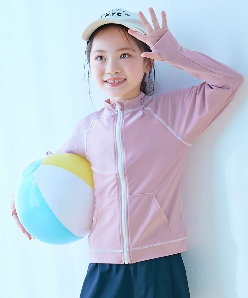 devirock（デビロック）の「UVカット 無地＆柄 長袖ジップラッシュガード（ラッシュガード・キッズ・ピンク/パープル系1/スミクロ/イエロー系1/ブルーグレー/サックスブルー/オフホワイト/バイオレット・160cm/150cm/140cm/130cm/120cm/110cm/100cm）」の8枚目の写真