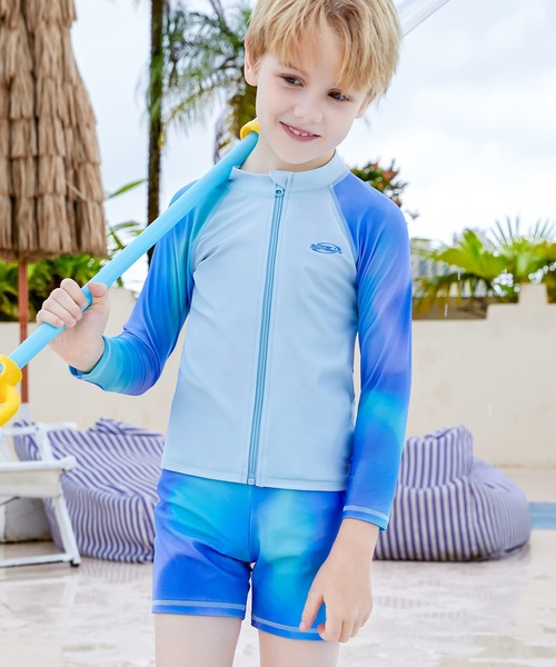 キッズ水着 長袖配色ラインラッシュガードトップス+ショートパンツ+