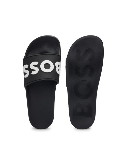 【Hugo Boss】Hugo スライド サンダル ロゴ 黒 イタリア製スライドサンダル 3Dロゴ(サンダル)|BOSS(ボス