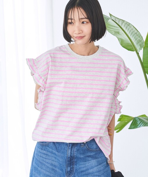 coen(コーエン)の「ボーダーフリルカットソー(Tシャツ/カットソー・レディース・ナチュラル/コバルトブルー/オフホワイト/ダークグレー・M/L)」の3枚目の写真