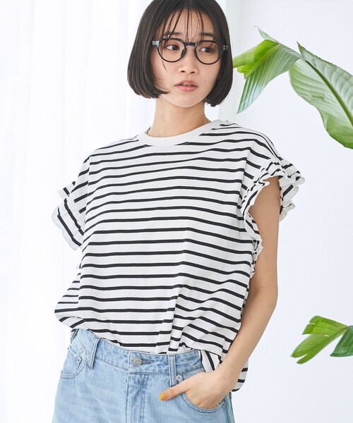 coen(コーエン)の「ボーダーフリルカットソー(Tシャツ/カットソー・レディース・ナチュラル/コバルトブルー/オフホワイト/ダークグレー・M/L)」の1枚目の写真