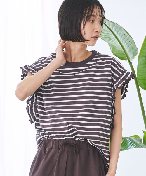 coen(コーエン)の「ボーダーフリルカットソー(Tシャツ/カットソー・レディース・ナチュラル/コバルトブルー/オフホワイト/ダークグレー・M/L)」の2枚目の写真