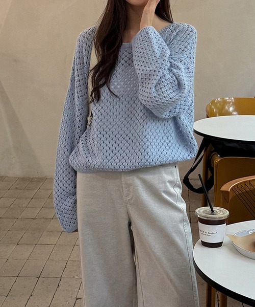 SUWDEE(スーディー)の「openwork knitting oversize pullover(その他トップス・レディース・ブルー/グレー/ブラック/アイボリー・FREE)」の1枚目の写真