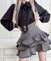 クロス刺繍ネクタイ付きブラウス