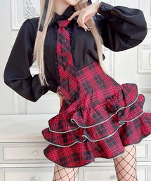 クロス刺繍ネクタイ付きブラウス