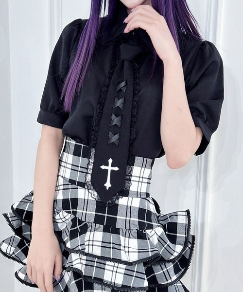 MA*RS（アメーバーマーズ）の「クロス刺繍ネクタイ付きブラウス（シャツ/ブラウス・レディース・ホワイト/ブラック/レッド/ブラック×ホワイト/ブラック×ブラック/ホワイト×ホワイト/ホワイト×ブラック・FREE）」の6枚目の写真