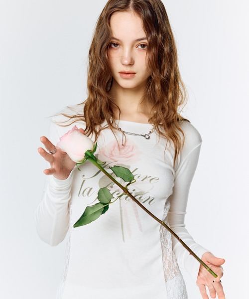 LARTIGENT(ラーティゼン)の「L15 LACE SLIM T-SHIRT(Tシャツ/カットソー・レディース・ホワイト/ブラック/ピンク系その他・FREE)」の2枚目の写真