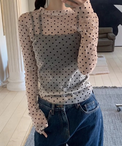 MEMECLE(メメクル)の「【 MEMECLE / メメクル 】ポルカドット シースルーレイヤードトップス(Tシャツ/カットソー・レディース・ブラック/アイボリー・FREE)」の8枚目の写真
