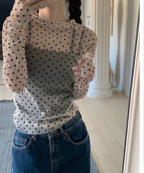 MEMECLE(メメクル)の「【 MEMECLE / メメクル 】ポルカドット シースルーレイヤードトップス(Tシャツ/カットソー・レディース・ブラック/アイボリー・FREE)」の10枚目の写真