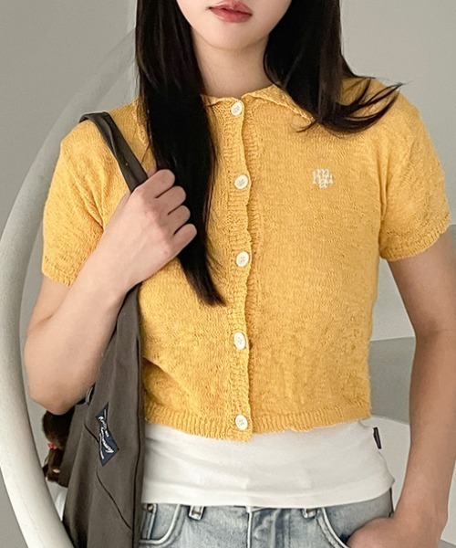 muahmuah（ムーアムーア）の「A'GEM/9 × .kom 『muah muah/ムーアムーア』slub collar knit cardigan/スラブカラー ニットカーディガン（カーディガン/ボレロ・レディース・チャコールグレー/マスタード/アイボリー・FREE）」の3枚目の写真