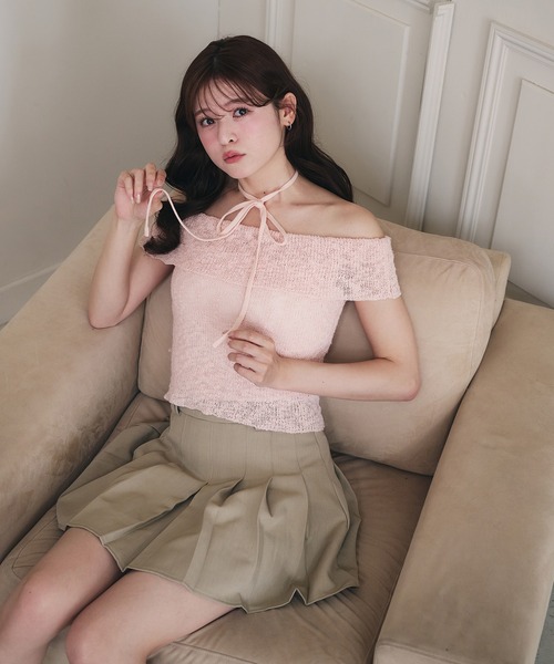 off-shoulder ribbon knit tops / オフショルスラブリボンニット