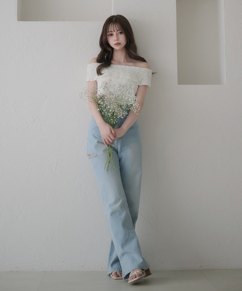 fupel（フぺル）の「off-shoulder ribbon knit tops / オフショルスラブリボンニットトップス（ニット/セーター・レディース・ブラック/オフホワイト/ピンク・FREE）」の10枚目の写真