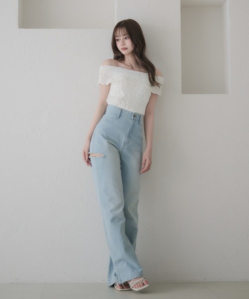 fupel（フぺル）の「off-shoulder ribbon knit tops / オフショルスラブリボンニットトップス（ニット/セーター・レディース・ブラック/オフホワイト/ピンク・FREE）」の11枚目の写真