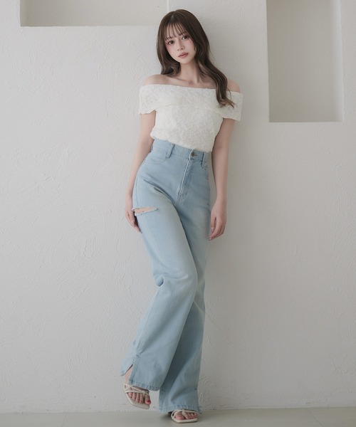 off-shoulder ribbon knit tops / オフショルスラブリボンニット