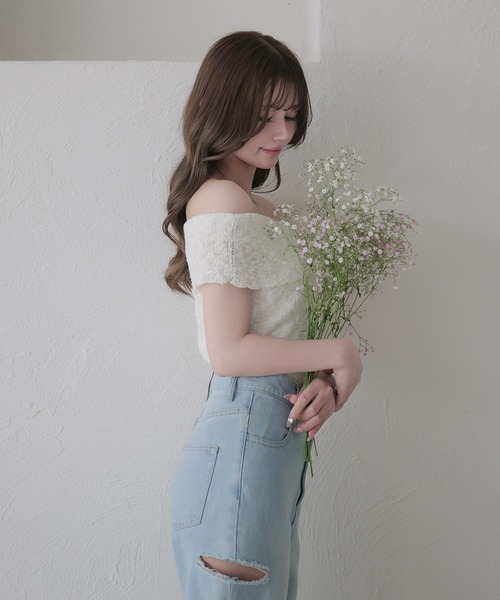 fupel（フぺル）の「off-shoulder ribbon knit tops / オフショルスラブリボンニットトップス（ニット/セーター・レディース・ブラック/オフホワイト/ピンク・FREE）」の9枚目の写真