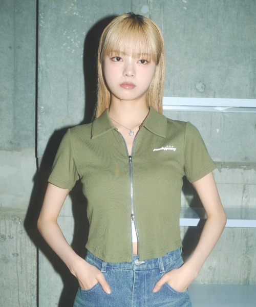 Poly Jam(ポリージャム)の「short sleeve double zip parka / 半袖ジップパーカー(パーカー・レディース・ホワイト/ブラック/カーキ・FREE)」の3枚目の写真