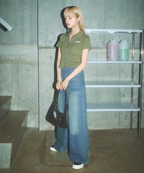 Poly Jam(ポリージャム)の「short sleeve double zip parka / 半袖ジップパーカー(パーカー・レディース・ホワイト/ブラック/カーキ・FREE)」の5枚目の写真