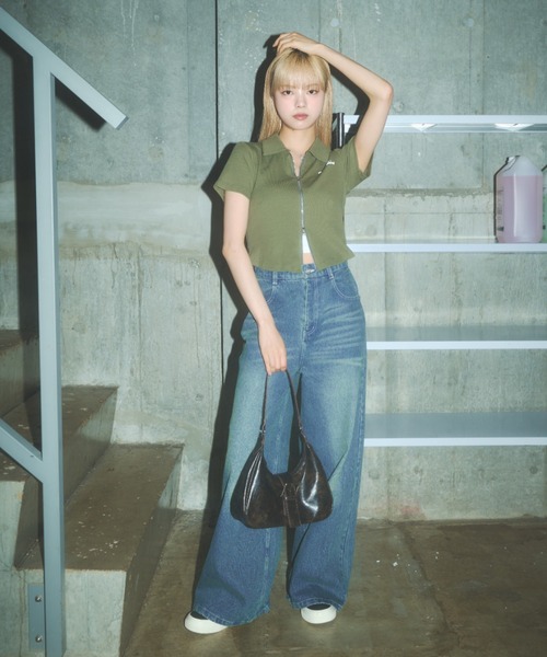 Poly Jam(ポリージャム)の「short sleeve double zip parka / 半袖ジップパーカー(パーカー・レディース・ホワイト/ブラック/カーキ・FREE)」の6枚目の写真