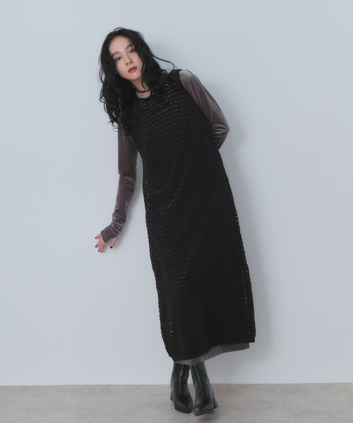 Shelly island（シェリーアイランド）の「透かし編みレイヤードワンピース（ワンピース・レディース・ホワイト/ブラック/ブラウン・FREE）」の3枚目の写真