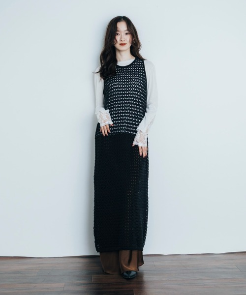 Shelly island（シェリーアイランド）の「透かし編みレイヤードワンピース（ワンピース・レディース・ホワイト/ブラック/ブラウン・FREE）」の4枚目の写真