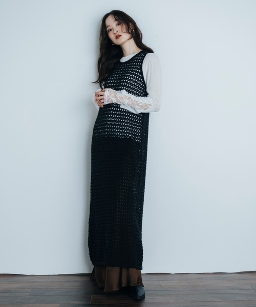 Shelly island（シェリーアイランド）の「透かし編みレイヤードワンピース（ワンピース・レディース・ホワイト/ブラック/ブラウン・FREE）」の8枚目の写真