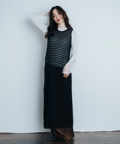 Shelly island（シェリーアイランド）の「透かし編みレイヤードワンピース（ワンピース・レディース・ホワイト/ブラック/ブラウン・FREE）」の9枚目の写真