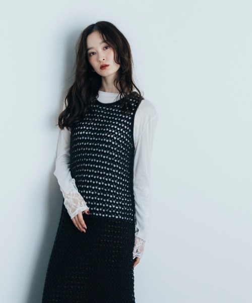 Shelly island（シェリーアイランド）の「透かし編みレイヤードワンピース（ワンピース・レディース・ホワイト/ブラック/ブラウン・FREE）」の19枚目の写真