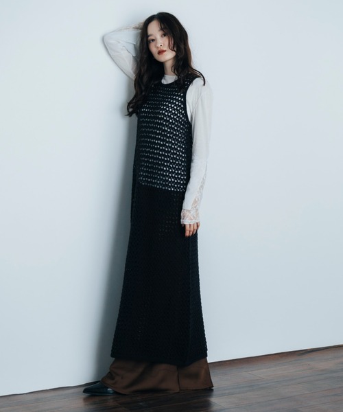 Shelly island（シェリーアイランド）の「透かし編みレイヤードワンピース（ワンピース・レディース・ホワイト/ブラック/ブラウン・FREE）」の6枚目の写真