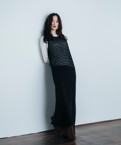 Shelly island（シェリーアイランド）の「透かし編みレイヤードワンピース（ワンピース・レディース・ホワイト/ブラック/ブラウン・FREE）」の5枚目の写真